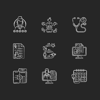 Medicine and healthcare chalk white icons set on black background