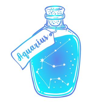 Glass Bottle with zodiac Aquarius constellation inside. Vector ink illustration. Doodle style sketch, Color gradient drawing.