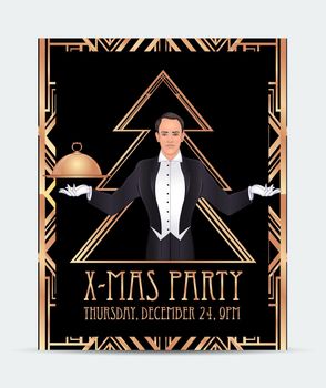 Art Deco vintage invitation template design with illustration of man. Great Gatsby inspired. patterns and frames. Retro party background