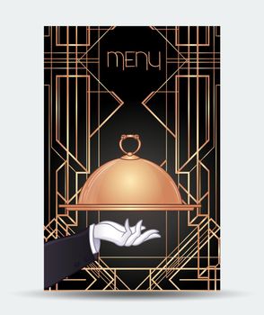 Art Deco vintage invitation template design with illustration of man. Great Gatsby inspired. patterns and frames. Retro party background 1920s style. Vector for glamour event,