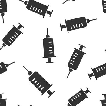 Syringe icon in flat style. Inject needle vector illustration on white isolated background. Drug dose seamless pattern business concept.