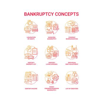 Bankruptcy red gradient concept icons set