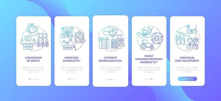 Business bankruptcy dark blue onboarding mobile app page screen with concepts