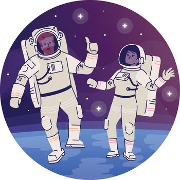Astronauts in outer space flat concept icon. Cosmonaut in spacesuit floating in cosmos sticker, clipart. Interstellar travelers, space exploration isolated cartoon illustration on white background