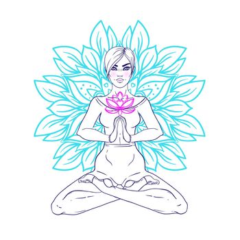 Chakra concept. Girl sitting in lotus position over colorful ornate mandala. Vector ornate decorative illustration isolated on white. Buddhism esoteric motifs.