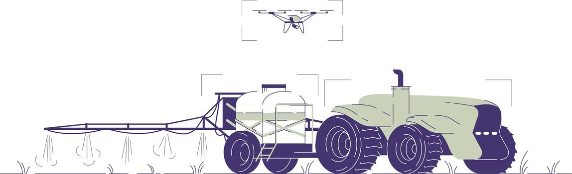 Drone watering tractor flat illustration. Driverless agricultural machinery with UAV control cartoon concept with outline. Self driving tractor with fertilizer spreader, sprinkler for irrigation