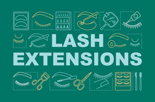 Lash extensions word concepts banner. Beauty service. Classic, 2d and 3d volume. Eyelash curling. Presentation, website. Isolated lettering typography idea, linear icons. Vector outline illustration