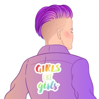 Portrait of a young pretty woman with short shaved pixie undercut. Rainbow LGBT symbols as pins or patches on her back. Vector illustration isolated.