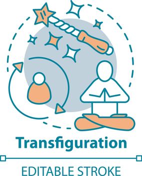 Transfiguration concept icon. Wizardry and witchcraft idea thin line illustration. Appearance alteration spell. Wizard wand and meditating monk vector isolated outline drawing. Editable stroke