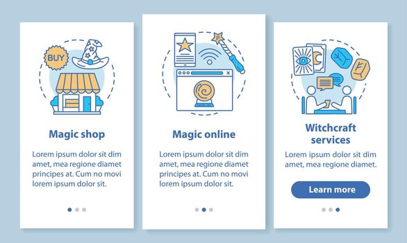 Modern magic onboarding mobile app page screen with linear concepts. Witchcraft online services walkthrough steps graphic instructions. Fortune telling UX, UI, GUI vector template with illustrations