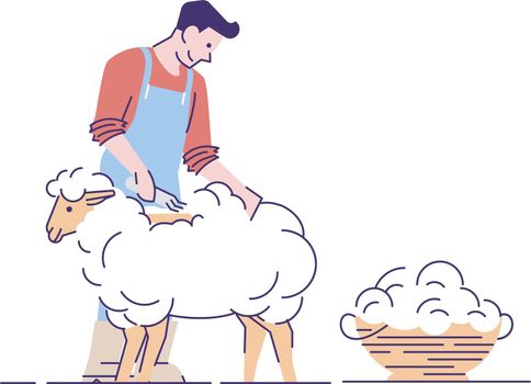 Farmer shearing sheep flat vector character. Wool production. Livestock farming, animal husbandry concept with outline. Male shearer cutting merino wool cartoon illustration isolated on white