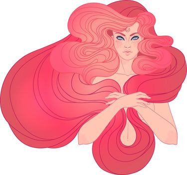 Red Riding Hood. Portrait of pretty young woman view with long beautiful red hair and scarf. Vector illustration. Fantasy, spirituality. Art nouveau inspired.