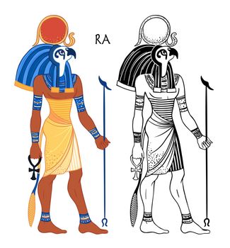 Portrait of Ra, Egyptian god of sun. Most important god in Ancient Egypt. Also known as Amun-Ra and Ra-Horakhty. Vector isolated illustration. Man with the head of a Hawk and the sun disk