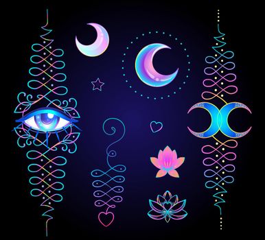 Lotus and Sacred Geometry. Unamole hindu symbol of wisdom and path to perfection. Set of tattoo flesh, yoga logo. Boho oriental print, poster, t-shirt textile.