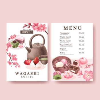 Menu template with wagashi Japanese dessert concept,watercolor style
