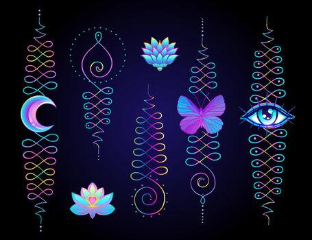 Lotus and Sacred Geometry. Unamole hindu symbol of wisdom and path to perfection. Set of tattoo flesh, yoga logo. Boho oriental print, poster, t-shirt textile.