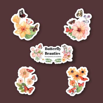 Sticker template with red and orange butterfly concept,watercolor style