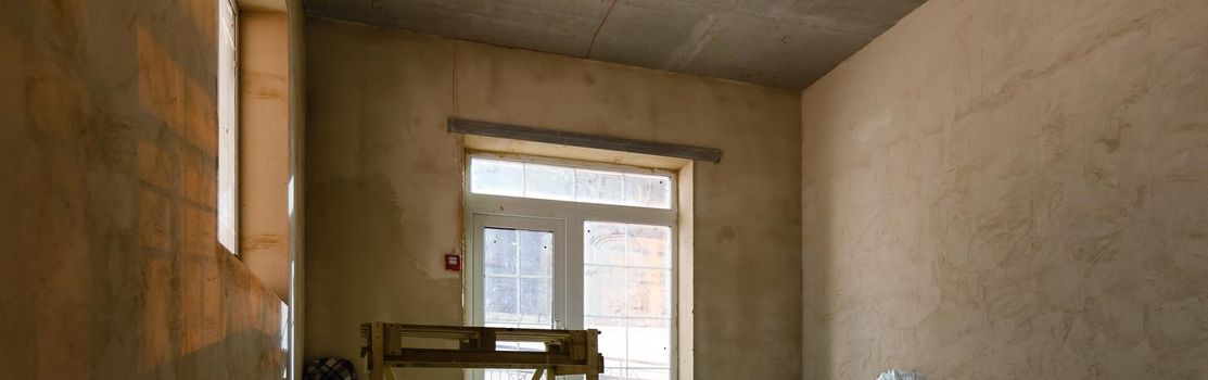 Material for repairs in an apartment is under construction, remodeling, rebuilding and renovation. Making walls from gypsum plasterboard or drywall.