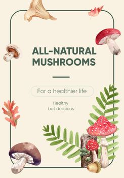 Poster template with mushroom and forest plants concept,watercolor style