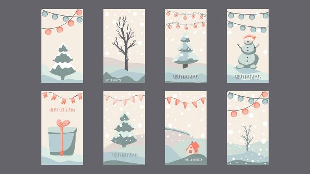 christmas greeting card cute hand drawn style and trendy matching pastel colors. christmas tree and snowman with gift box on snowdrift with garland and snow flakes