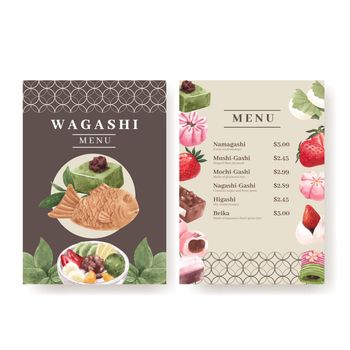 Menu template with wagashi Japanese dessert concept,watercolor style