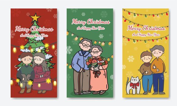 Set Couple in love for Christmas and Happy New Year Floral Card templates