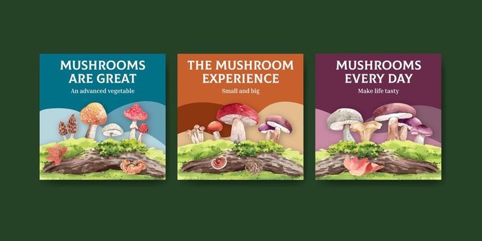 Banner template with mushroom and forest plants concept,watercolor style