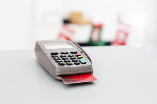 credit card terminal, credit card on table background