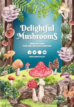 Poster template with mushroom and forest plants concept,watercolor style