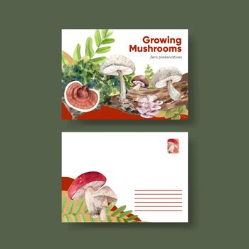 Postcard template with mushroom and forest plants concept,watercolor style