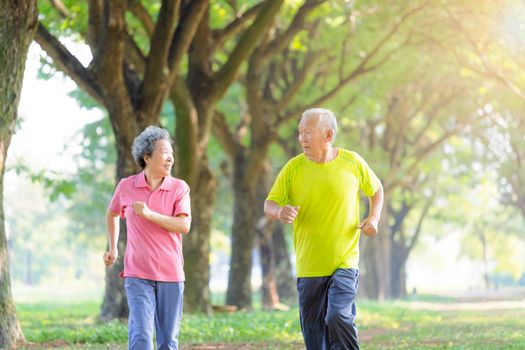 Asian senior couple jogging in the park at morning