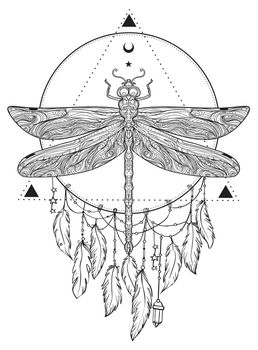 Dragonfly over sacred geometry sign, isolated vector illustration. Tattoo sketch. Mystical symbols and insects. Alchemy, occultism, spirituality, coloring book.