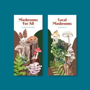 Flyer template with mushroom and forest plants concept,watercolor style