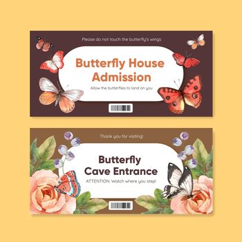 Ticket template with red and orange butterfly concept,watercolor style