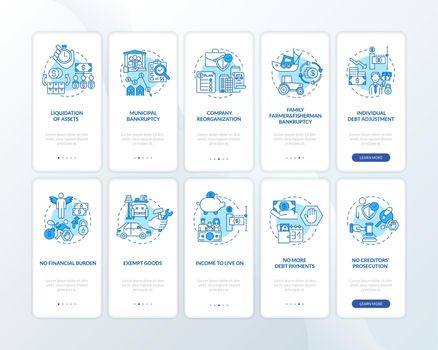 Bankruptcy blue onboarding mobile app page screen with concepts