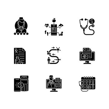 Medicine and healthcare black glyph icons set on white space