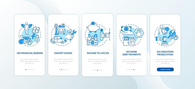 Debt free benefit blue onboarding mobile app page screen with concepts
