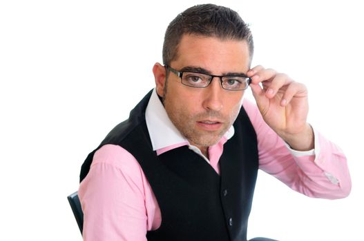 Successful businessman with glasses wearing vest and pink shirt