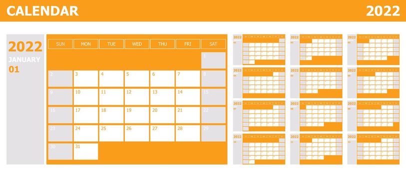 Calendar 2022 week start Sunday design planner with orange and grey