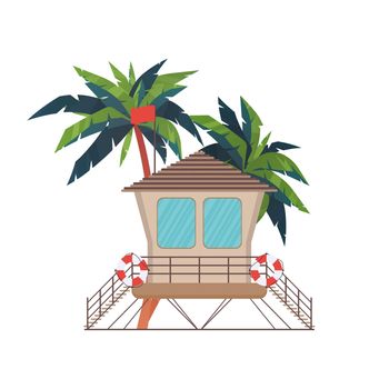 Wooden lifeguard house in flat design. Retro life guard tower isolated on white background. Baywatch hut or observation tower vector illustration.