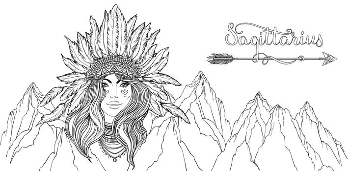 Tribal Fusion Boho Diva. Black and white illustration of Native American Indian girl in traditional feather headdress bonnet.