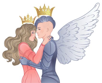 Love wins. Romantic lesbian couple. Female knight in armour and wings kissing a princess. Medieval aesthetics. Vector illustration. Valentines day card.