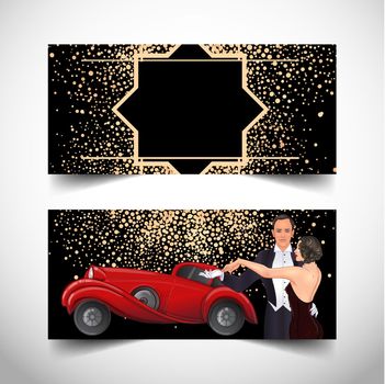 Beautiful couple in art deco style dancing tango. Retro fashion, glamour man and woman of twenties and red car. Vector illustration. Roaring Twenties. Classic automobile,