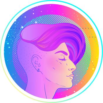 Portrait of a young pretty androgynous woman with short shaved pixie undercut in retro futurism style. Vector illustration in neon bright colors. Blue short hair.
