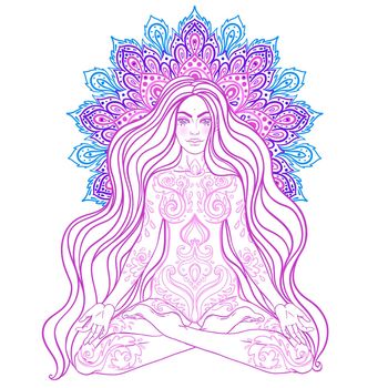 Chakra concept. Girl sitting in lotus position over colorful ornate mandala. Vector ornate decorative illustration isolated on white. Buddhism esoteric motifs.