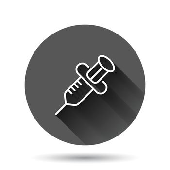 Syringe icon in flat style. Inject needle vector illustration on black round background with long shadow effect. Drug dose circle button business concept.