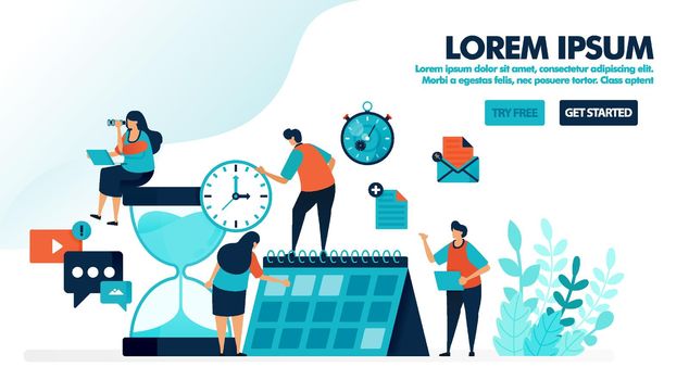 Organize schedules and plans on the calendar. Giant hourglass with reminder alarm. Time management for personal work. Flat vector illustration for landing page, web, mobile apps, flyer, poster, ui ux