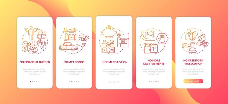Debt free benefit red onboarding mobile app page screen with concepts