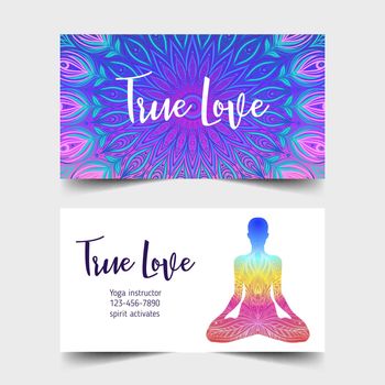 Yoga card design. Colorful template for spiritual retreat or yoga studio. Ornamental business cards, oriental pattern. Vector illustration.