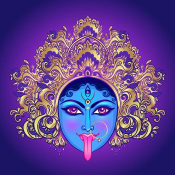 Portrait of Indian Hindi goddess Kali. Female blue head with open moth and out stuck tongue. Destroyer of evil forces. Diety, spiritual art. Vector isolated illustration.